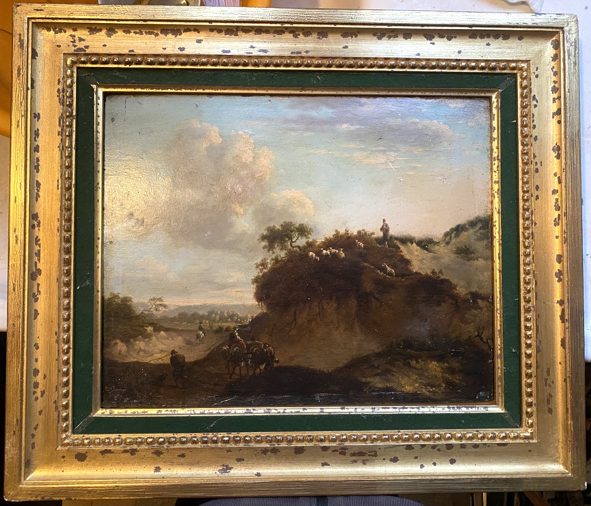 Beau Paysage Animé , fine huile sur chêne du Peintre J. Wynants Fc. 1661 , dans son cadre doré