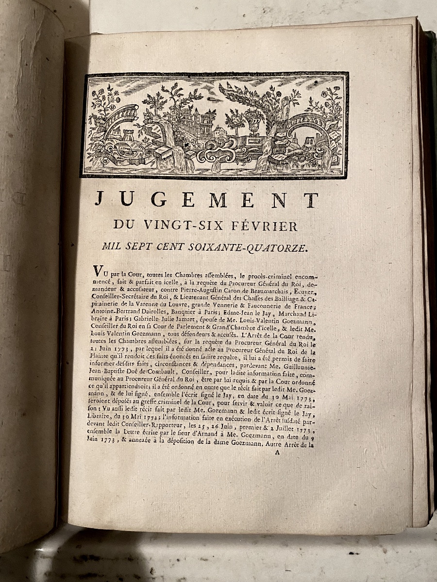 Réunion de pièces de Procès: Pierre-A. " Caron de Beaumarchais" en un fort Vol. In 4 velin vert-photo-3