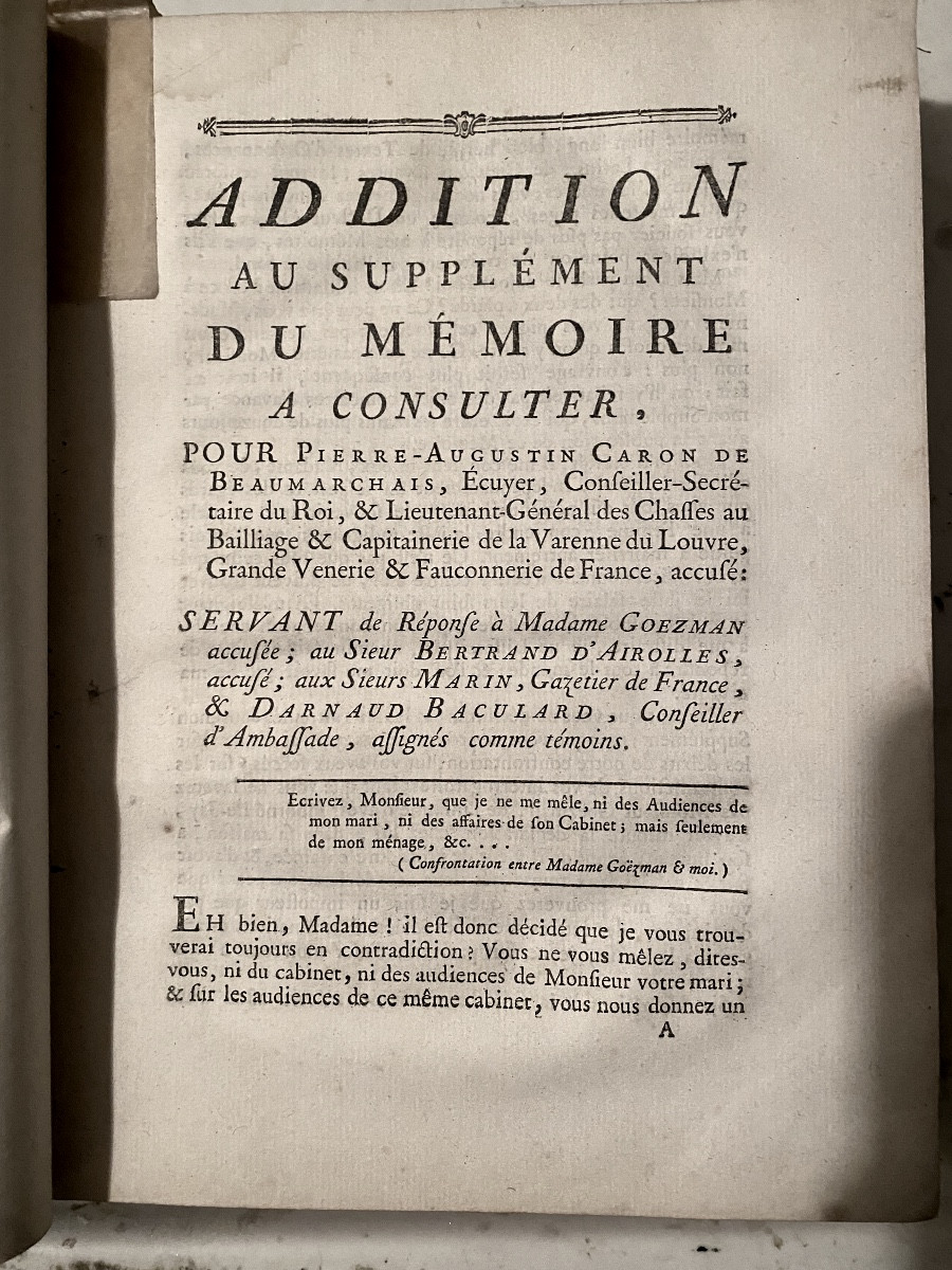 Réunion de pièces de Procès: Pierre-A. " Caron de Beaumarchais" en un fort Vol. In 4 velin vert-photo-8