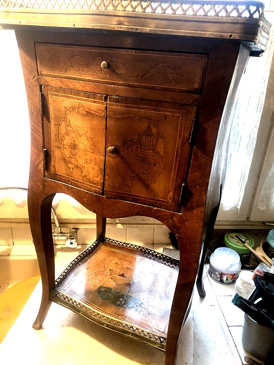 Late 18th Century Swiss Louis XV Style Louis XV Style Salon Cabinet, Richly Inlaid With Marquetry, Double Marble Gallery-photo-3