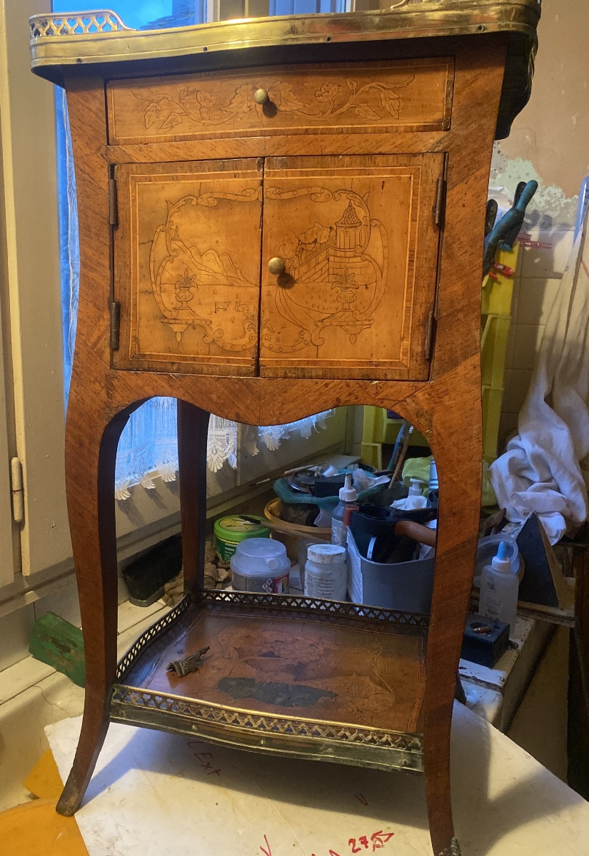 Late 18th Century Swiss Louis XV Style Louis XV Style Salon Cabinet, Richly Inlaid With Marquetry, Double Marble Gallery