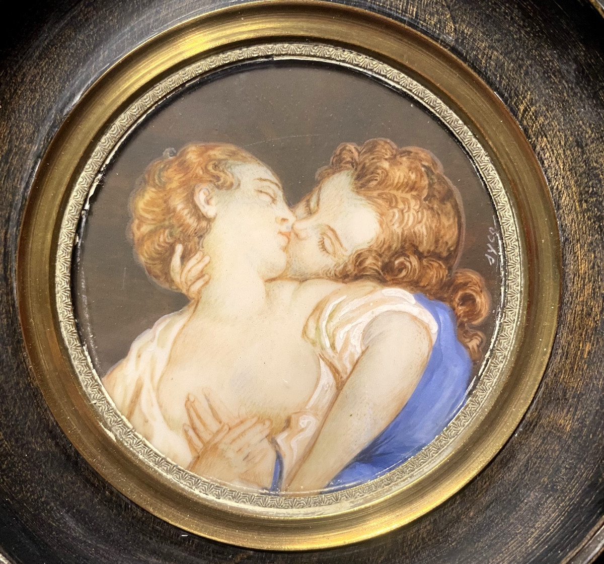  Passionate Kiss, Miniature On Ivory, 19th Century, Framed In The Gallant Style Of The 18th Century-photo-2