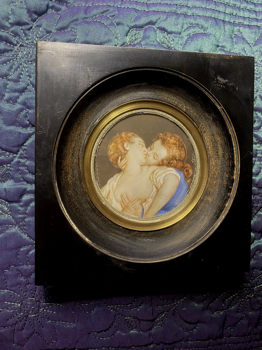  Passionate Kiss, Miniature On Ivory, 19th Century, Framed In The Gallant Style Of The 18th Century-photo-3