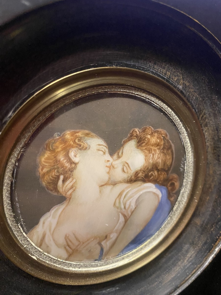  Passionate Kiss, Miniature On Ivory, 19th Century, Framed In The Gallant Style Of The 18th Century-photo-1