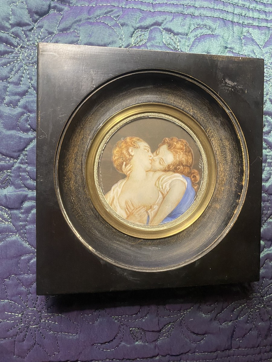  Passionate Kiss, Miniature On Ivory, 19th Century, Framed In The Gallant Style Of The 18th Century-photo-4