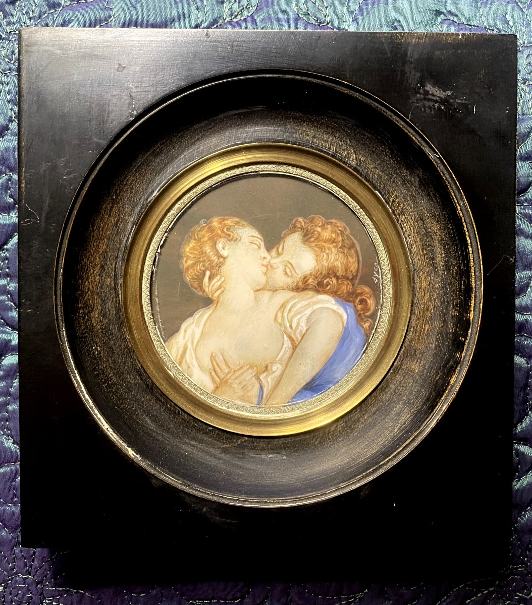  Passionate Kiss, Miniature On Ivory, 19th Century, Framed In The Gallant Style Of The 18th Century