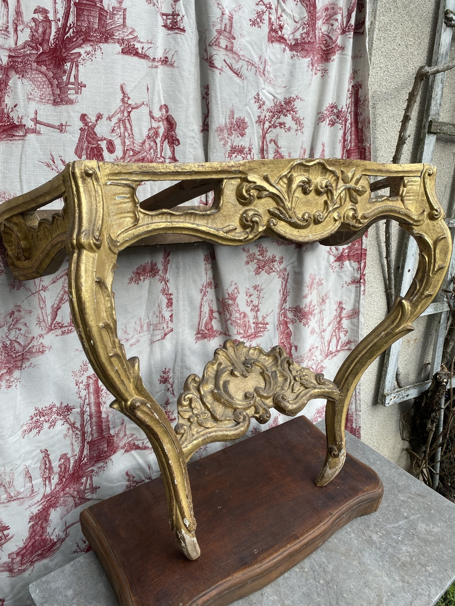 Charming Baroque Console Table In Gilded Wood, 18th Century, Louis XV Style, Carved With Pink Veined Marble Top-photo-7