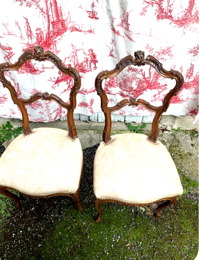 Paire de chaises en noyer richement sculptée de style" Roccoco" fin XIXème recouverte  S lézard-photo-4
