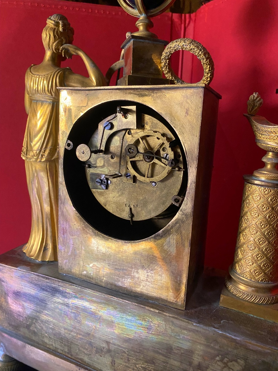 Charles X Mantel Clock, Gilt Chased Bronze With A Motif Of The Geographical Sciences & Reading-photo-3