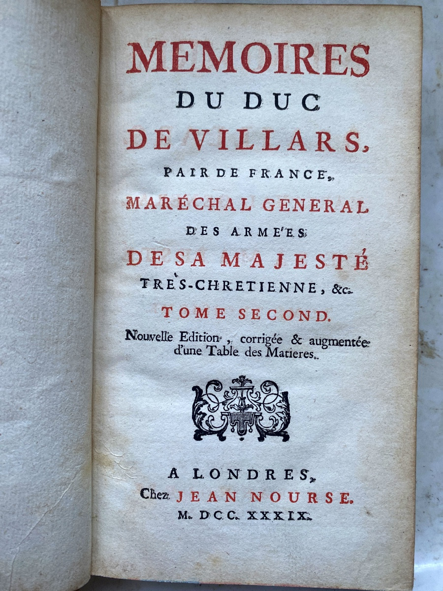 Fine Copy 3 Vol. In 12 In Blond Calf "memoirs Of The Duke Of Villars" Peer Of France, 1739.-photo-3