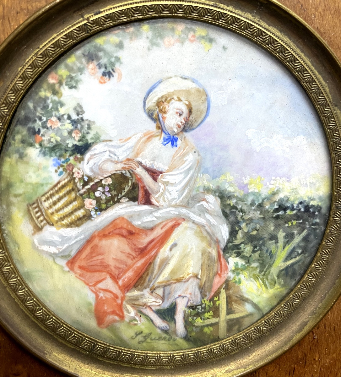 Presented In A Light Burl Wood Frame, Pretty Peasant Woman With A Basket, Miniature S/ivory-photo-1
