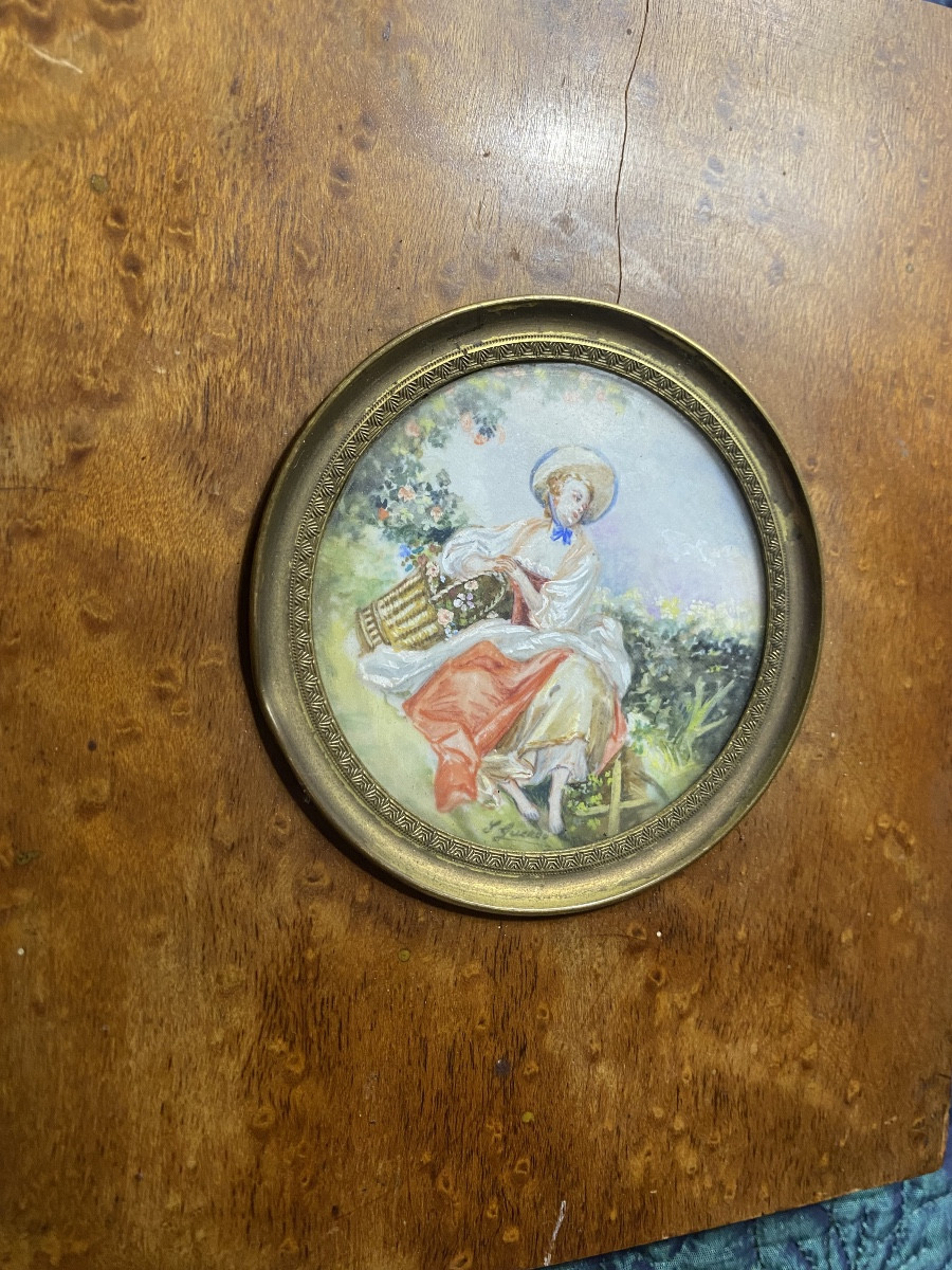 Presented In A Light Burl Wood Frame, Pretty Peasant Woman With A Basket, Miniature S/ivory-photo-3