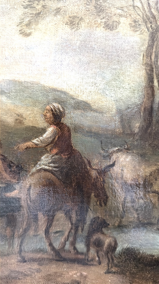 Oil On Canvas, Late 17th Century, "the Farmer Leading Her Flock, Accompanied", In Its Frame-photo-1