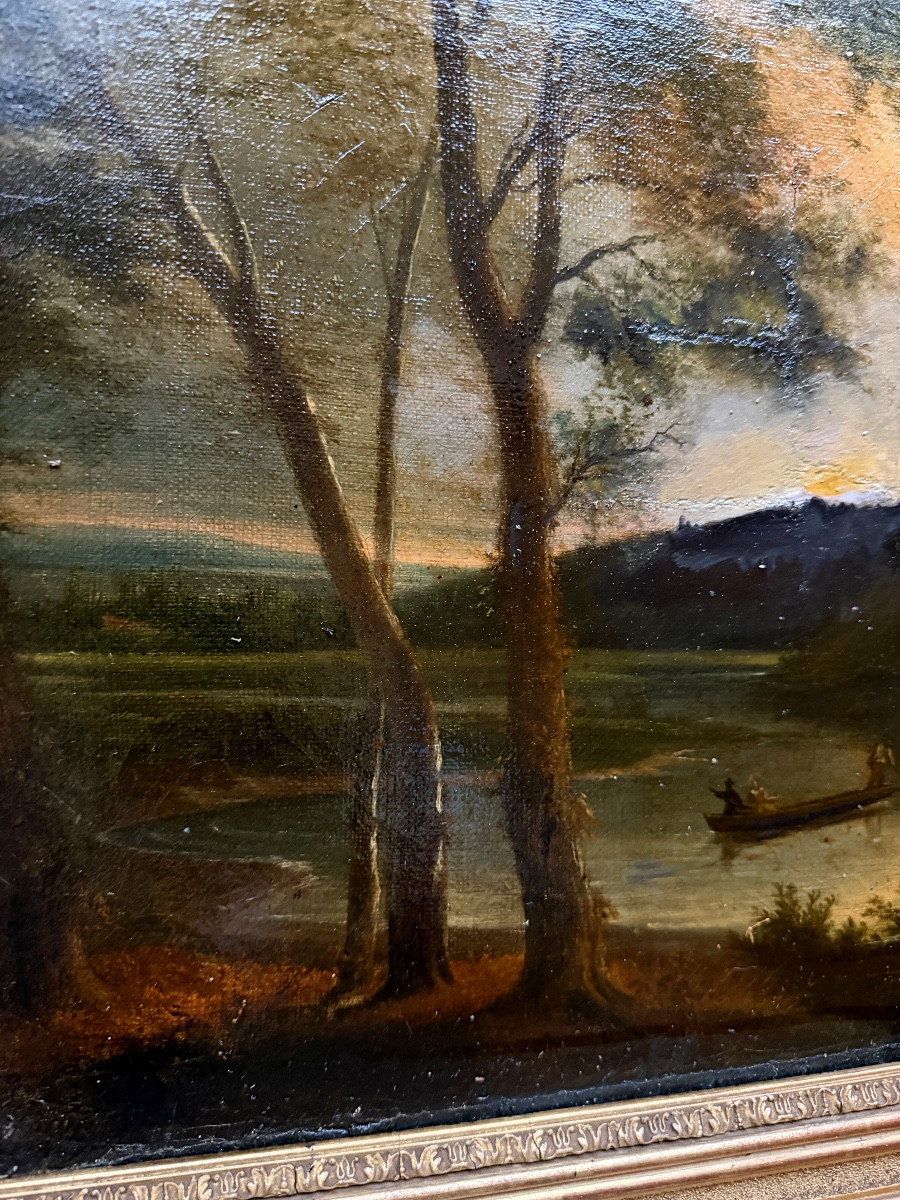 Sunset Over The Castle Ruins By The Lively River. 19th Century Canvas, Framed.-photo-2