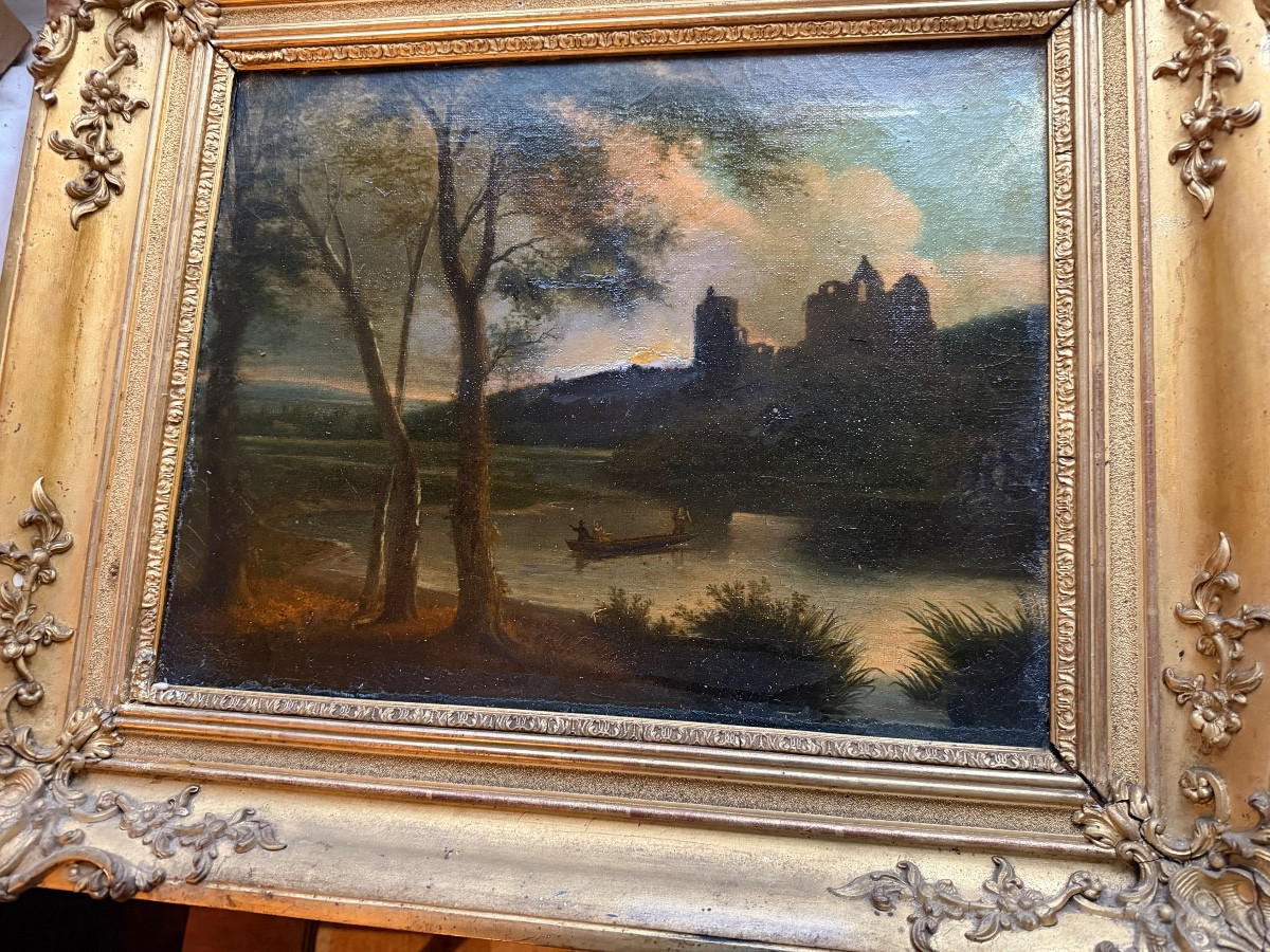 Sunset Over The Castle Ruins By The Lively River. 19th Century Canvas, Framed.-photo-1