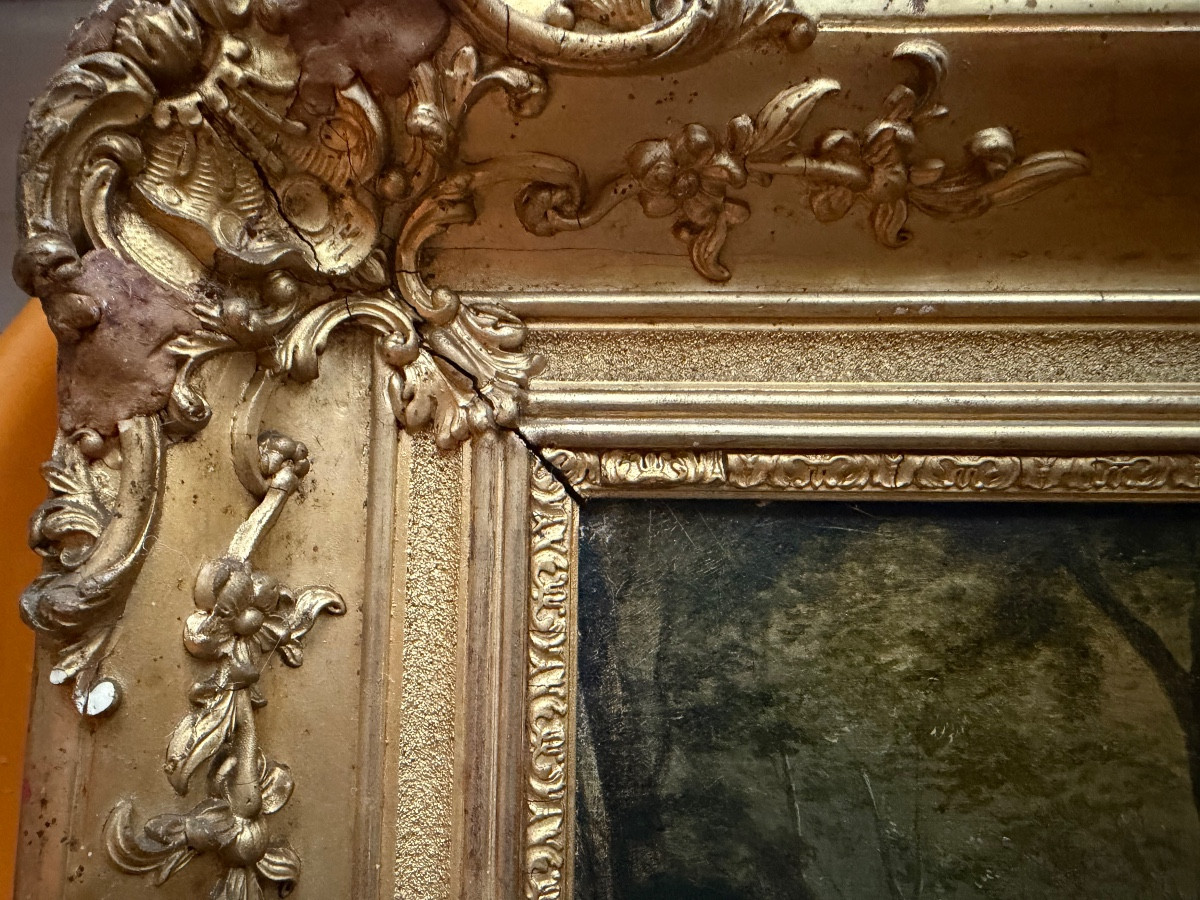 Sunset Over The Castle Ruins By The Lively River. 19th Century Canvas, Framed.-photo-3