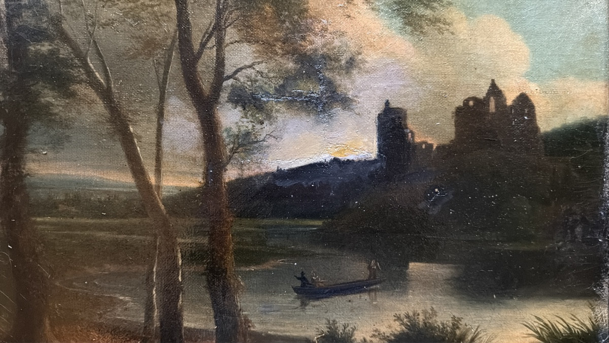 Sunset Over The Castle Ruins By The Lively River. 19th Century Canvas, Framed.-photo-5