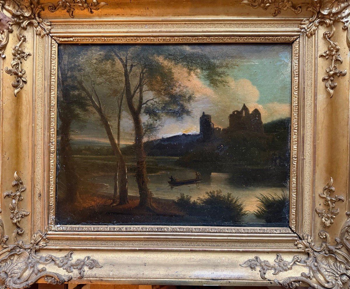 Sunset Over The Castle Ruins By The Lively River. 19th Century Canvas, Framed.-photo-6