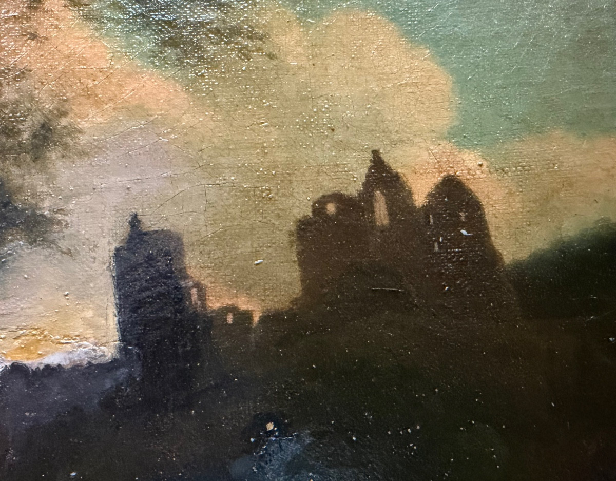 Sunset Over The Castle Ruins By The Lively River. 19th Century Canvas, Framed.-photo-8