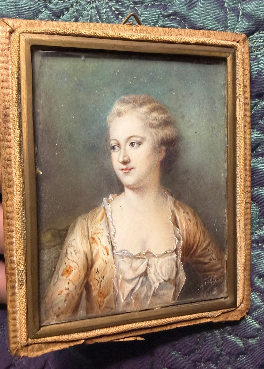  Rare miniature " Dame en tenue du matin belle a son lever "de beau format rectangulaire XVIIIè-photo-4