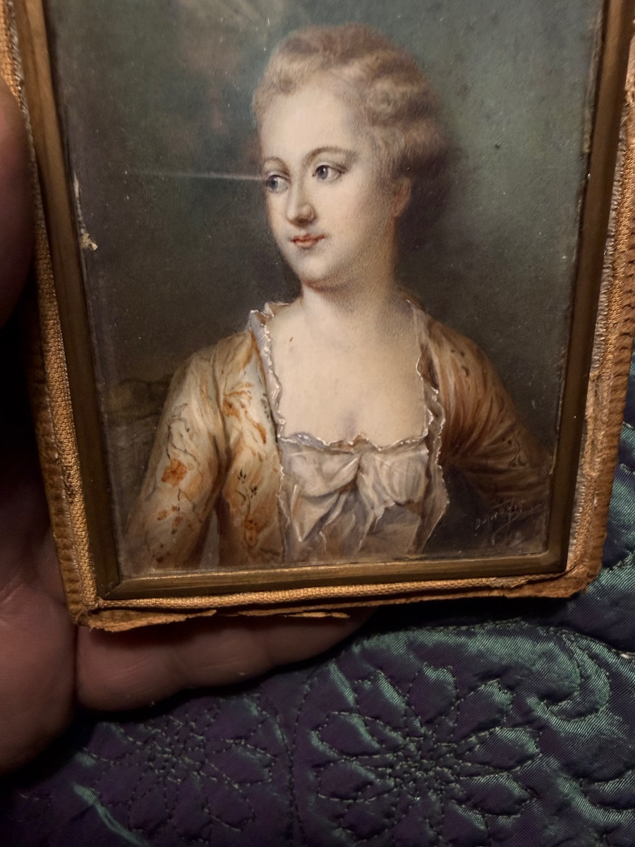  Rare miniature " Dame en tenue du matin belle a son lever "de beau format rectangulaire XVIIIè-photo-5