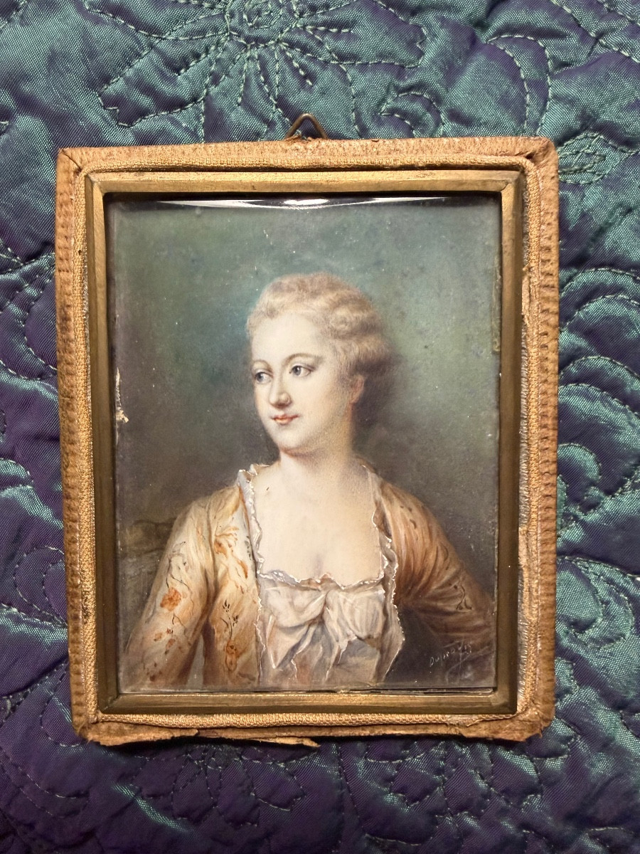  Rare miniature " Dame en tenue du matin belle a son lever "de beau format rectangulaire XVIIIè-photo-6