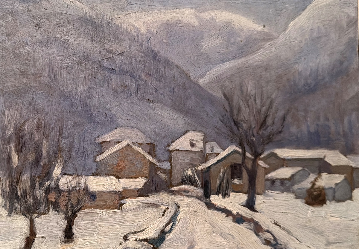 Huile de Neige en montagne oeuvre/ carton à peindre début du XXème encadrée , signée Bargarolès-photo-2