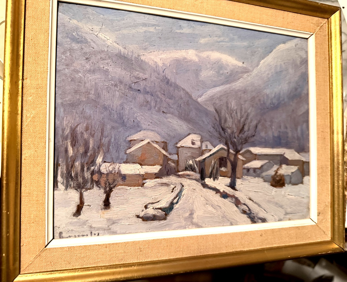 Huile de Neige en montagne oeuvre/ carton à peindre début du XXème encadrée , signée Bargarolès-photo-4
