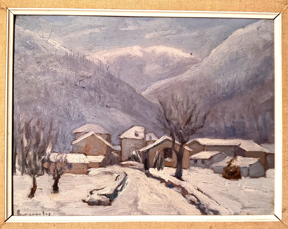 Huile de Neige en montagne oeuvre/ carton à peindre début du XXème encadrée , signée Bargarolès-photo-5