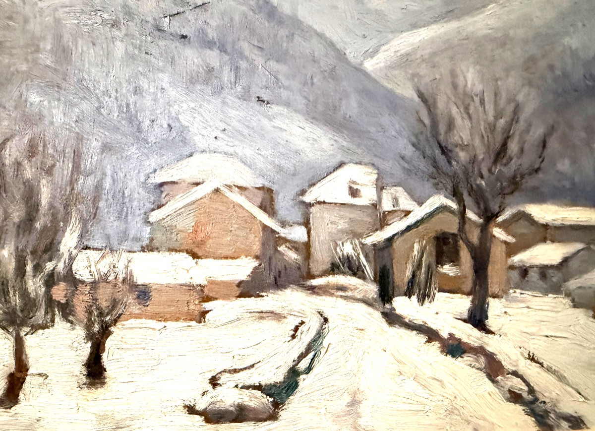 Huile de Neige en montagne oeuvre/ carton à peindre début du XXème encadrée , signée Bargarolès-photo-6