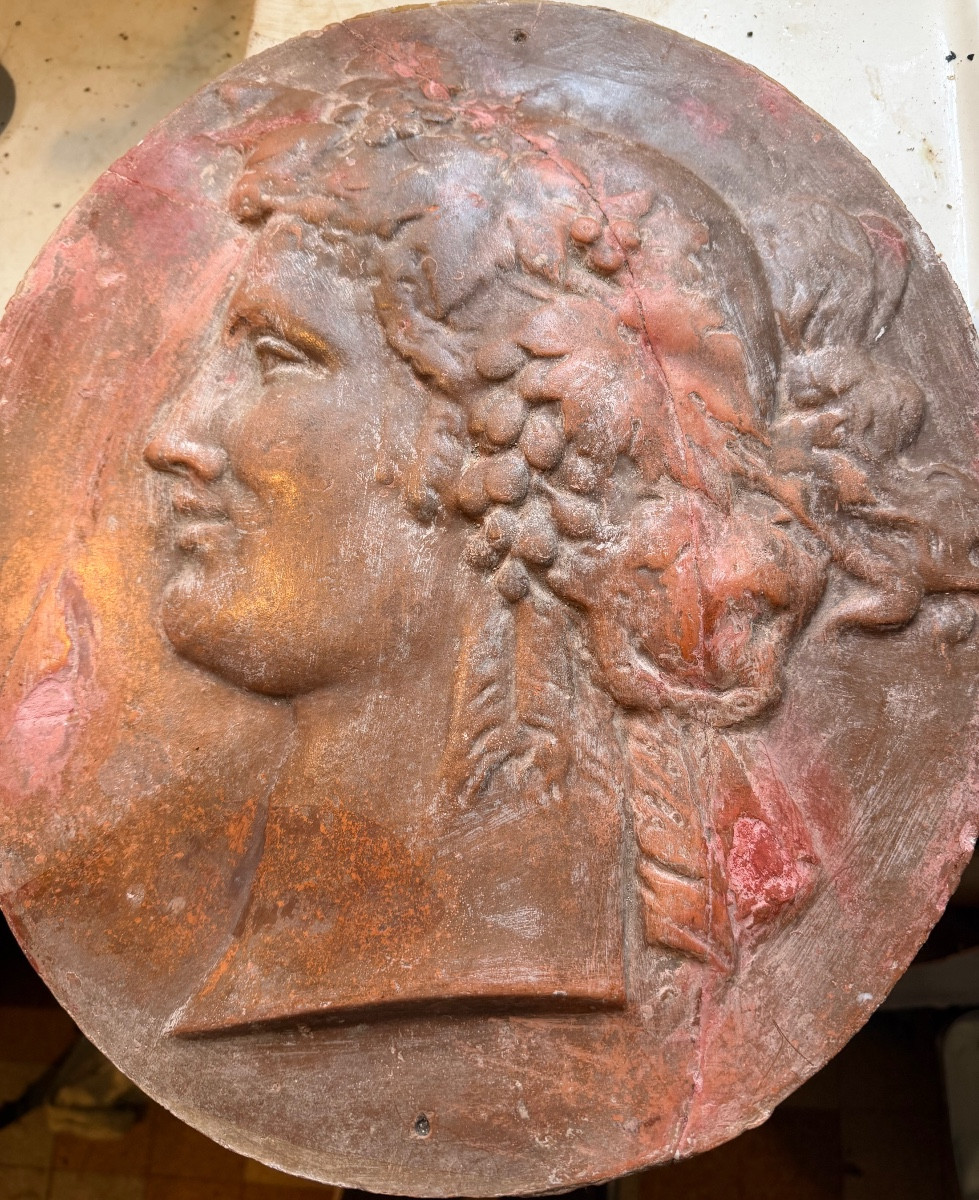 Large Oval Terracotta Profile In High Relief From Castelnaudary Depicting The God Bacchus, Late 18th Century-photo-3
