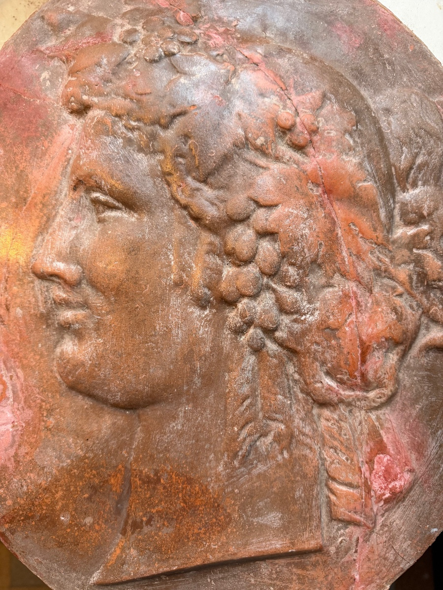 Large Oval Terracotta Profile In High Relief From Castelnaudary Depicting The God Bacchus, Late 18th Century-photo-8