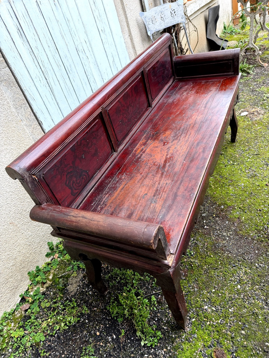 Elégante banquette, Indo-Chinoise a dosser et accotoirs trois panneaux laqués pieds chantournés-photo-4