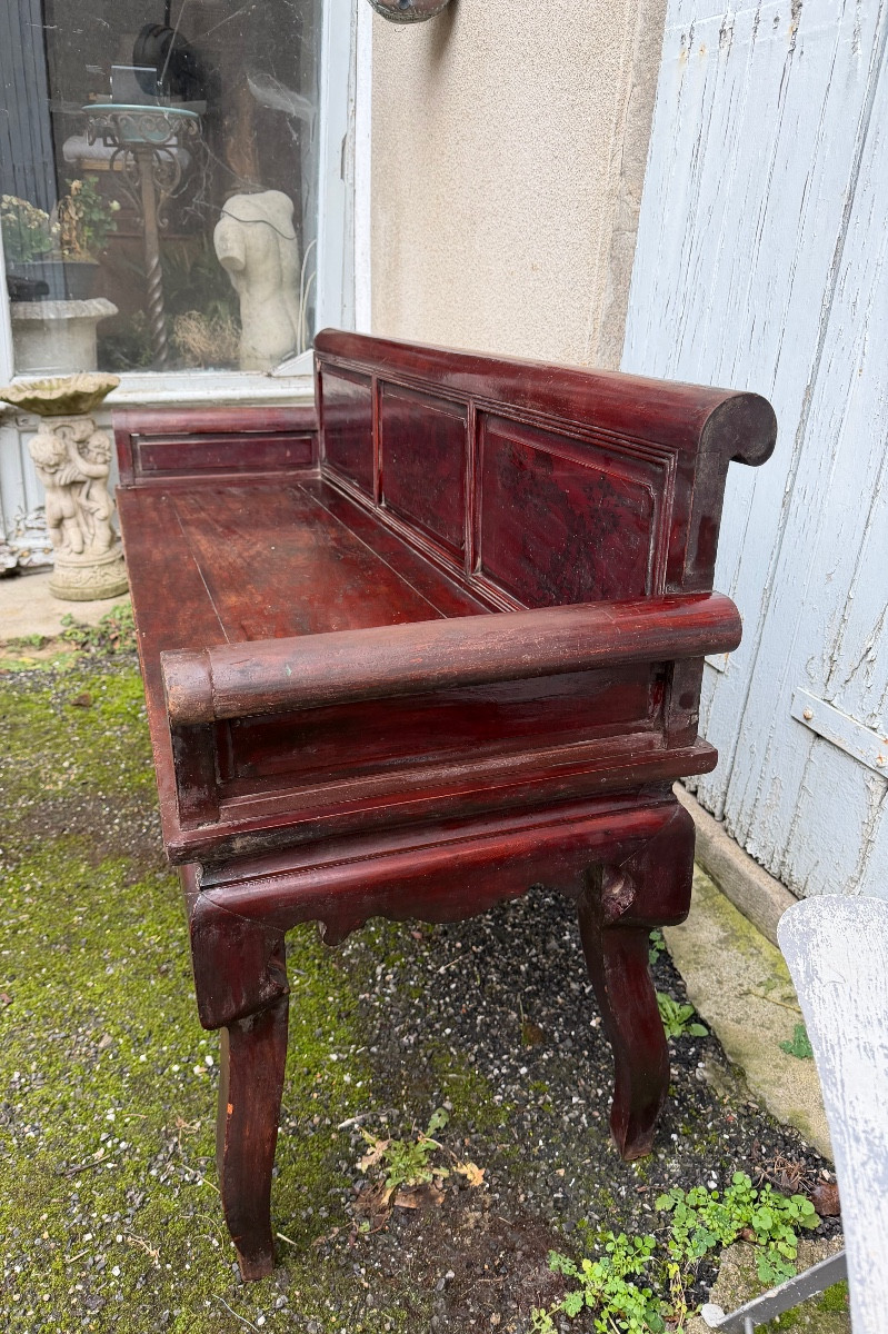 Elégante banquette, Indo-Chinoise a dosser et accotoirs trois panneaux laqués pieds chantournés-photo-6