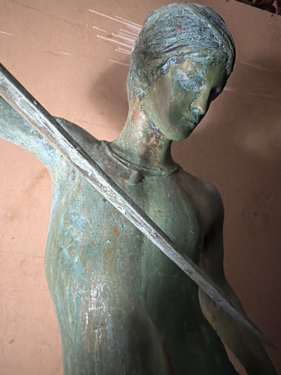 Grand élégant bronze fin XIXème patine verte David terrassant Goliath d'après Mercier soclé-photo-1
