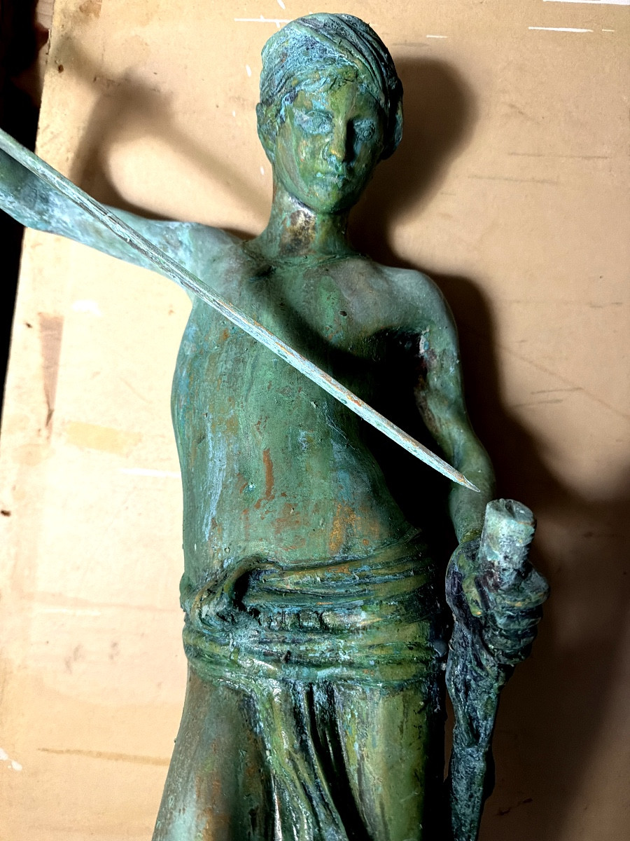 Grand élégant bronze fin XIXème patine verte David terrassant Goliath d'après Mercier soclé-photo-7