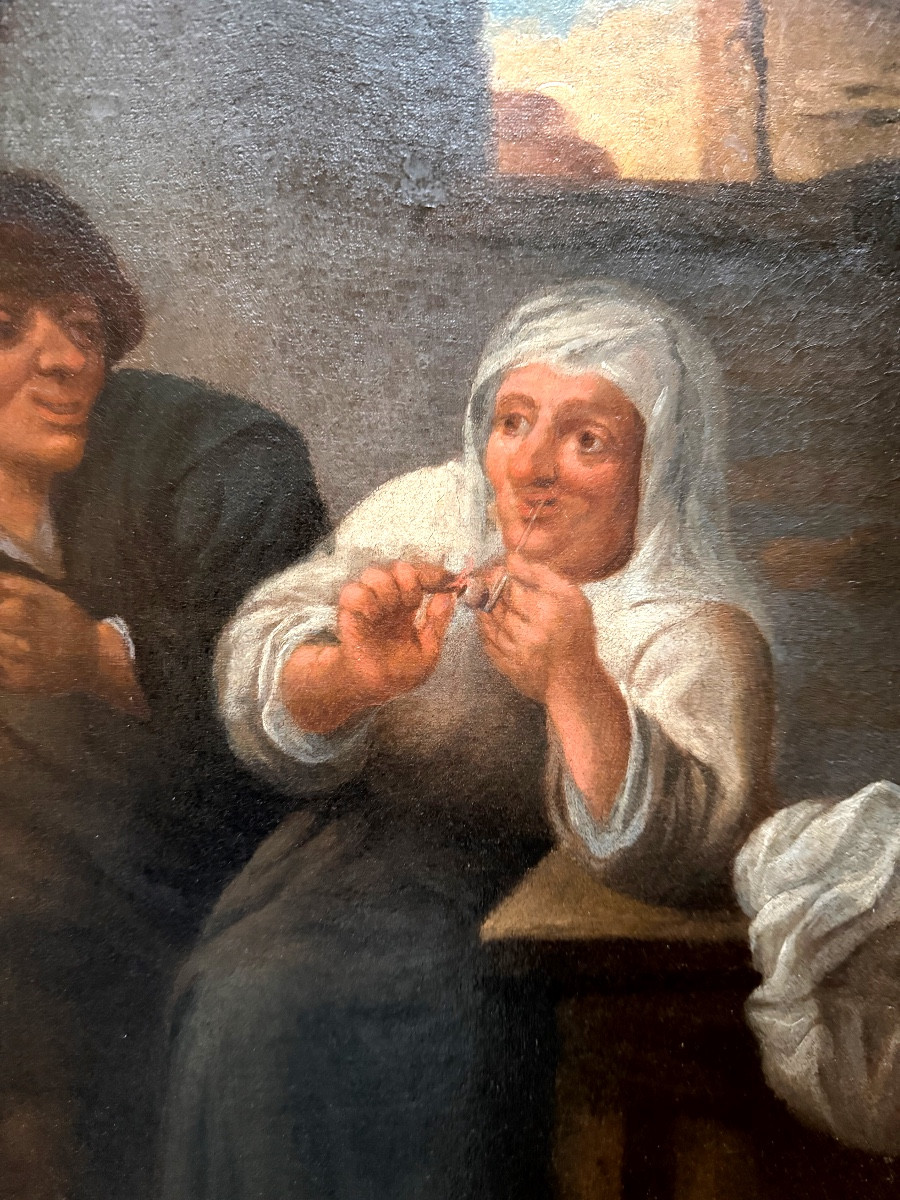 Painting Depicting A Peasant Couple In An Inn, Fine Oil On Canvas, 18th Century, Framed-photo-3