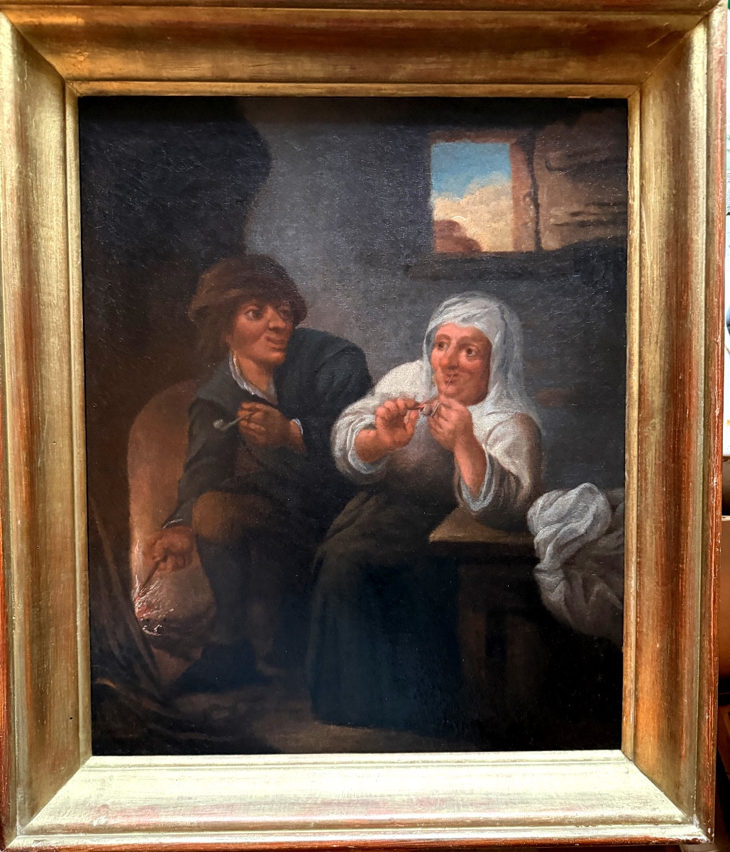 Painting Depicting A Peasant Couple In An Inn, Fine Oil On Canvas, 18th Century, Framed-photo-4
