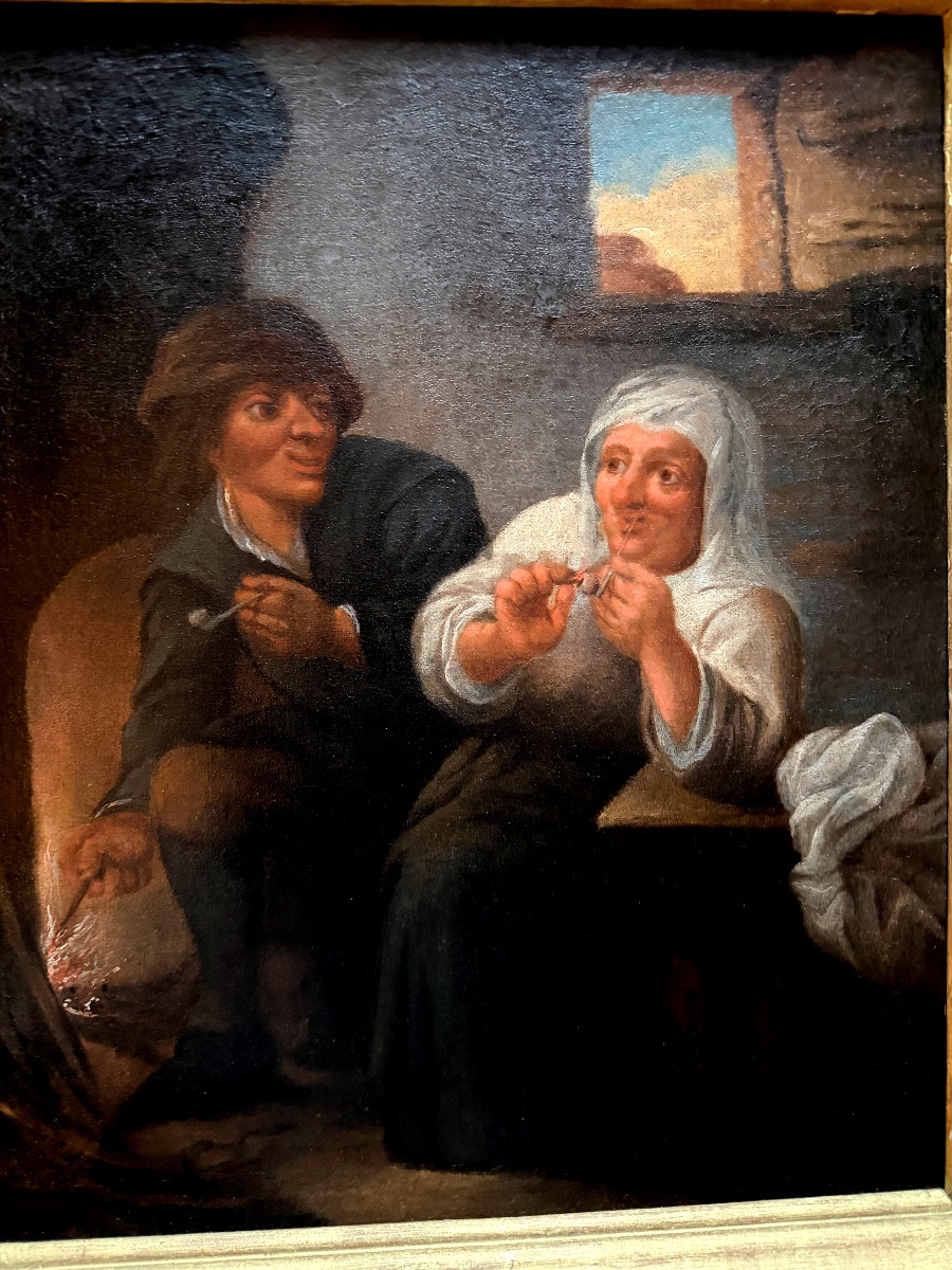 Painting Depicting A Peasant Couple In An Inn, Fine Oil On Canvas, 18th Century, Framed-photo-1