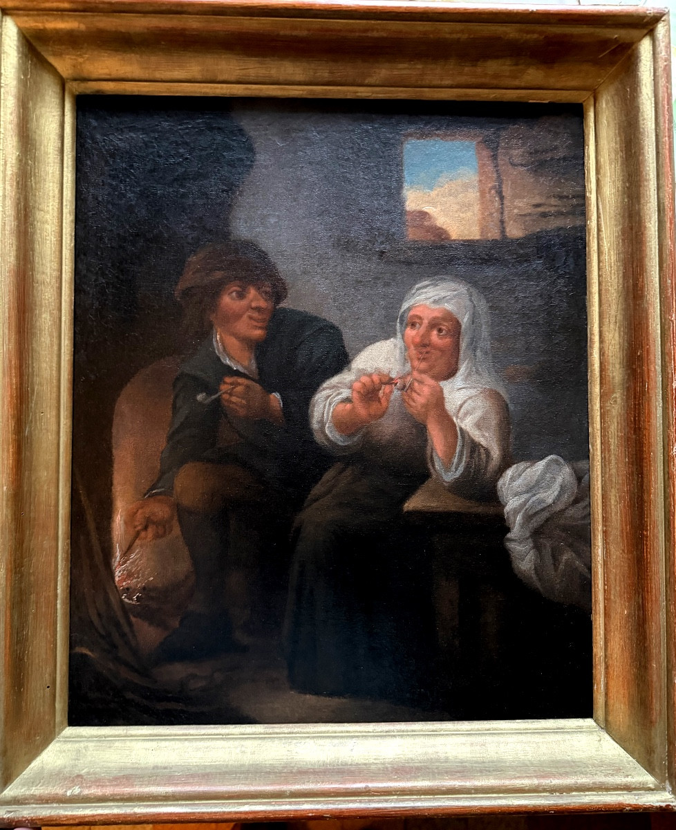 Painting Depicting A Peasant Couple In An Inn, Fine Oil On Canvas, 18th Century, Framed