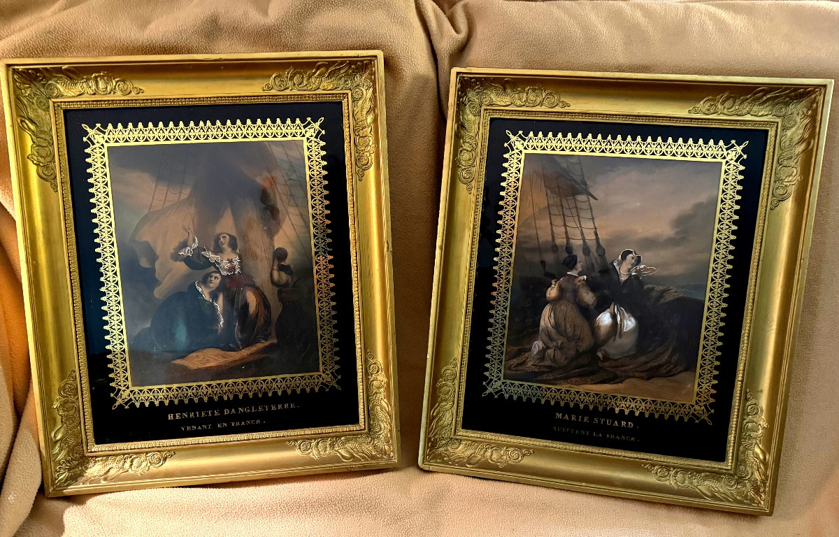 Pair Of Charles X Period Reverse Glass Paintings In Their Romantic-style Palmette Frames