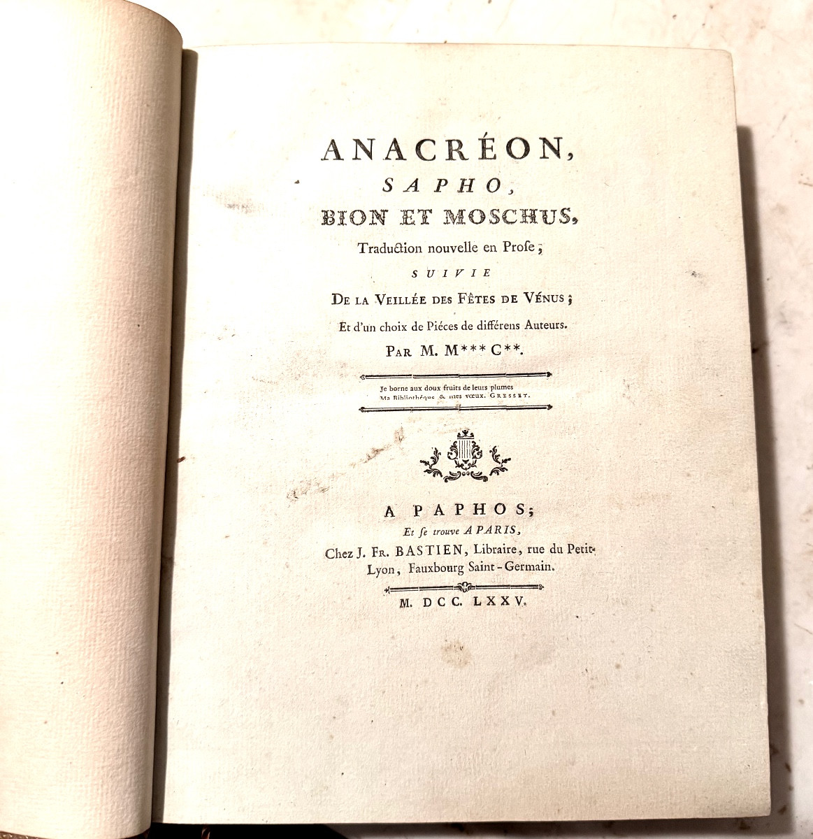 Vol In 4 en  veau blond de 1775 "Anacréon , Sapho , Bion et Moschus" suivie de la Veillée &cc..-photo-3
