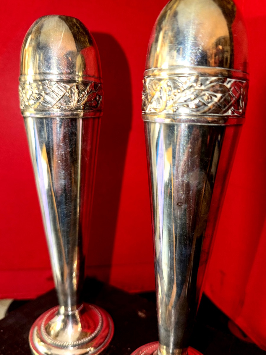 Pair Of Art Déco Vases By Durousseau Un Silver Plate Métal Form Obus-photo-2