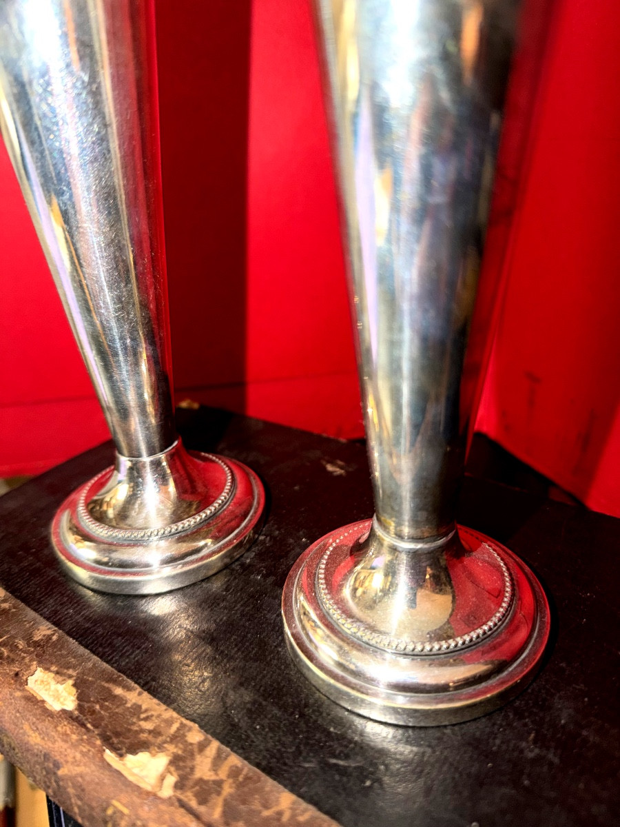 Pair Of Art Déco Vases By Durousseau Un Silver Plate Métal Form Obus-photo-3