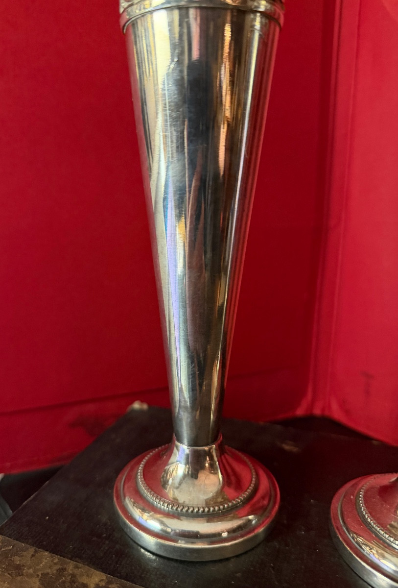 Pair Of Art Déco Vases By Durousseau Un Silver Plate Métal Form Obus-photo-1