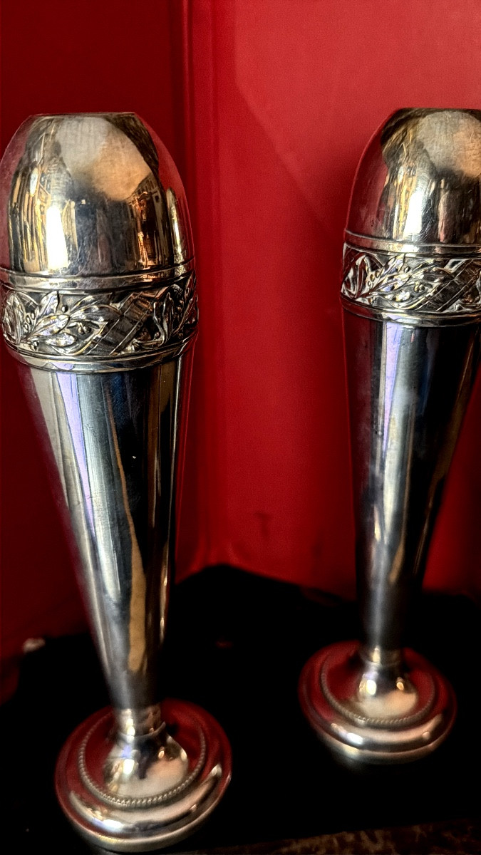 Pair Of Art Déco Vases By Durousseau Un Silver Plate Métal Form Obus-photo-5