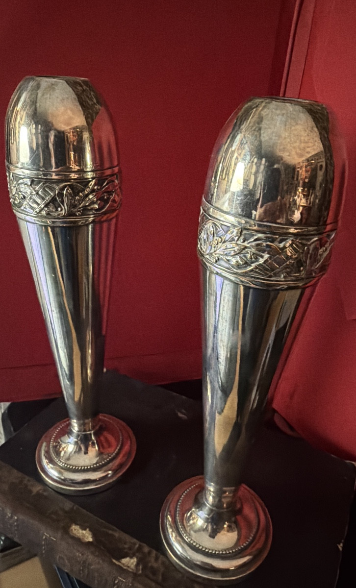Pair Of Art Déco Vases By Durousseau Un Silver Plate Métal Form Obus-photo-7