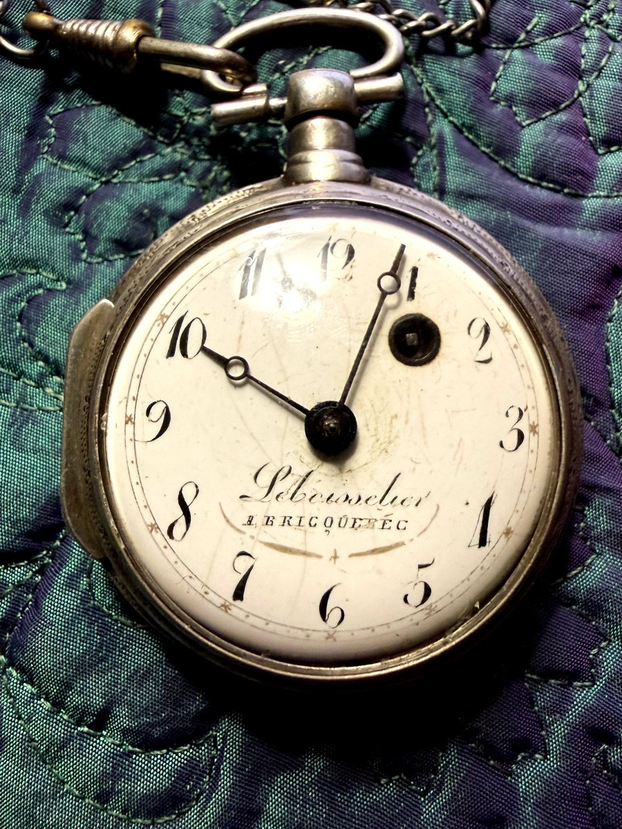  Very Beautiful Silver Pocket Watch With A Rooster Motif By Lebeissclier Of Briquebec And Its Chain, Late 18th Century