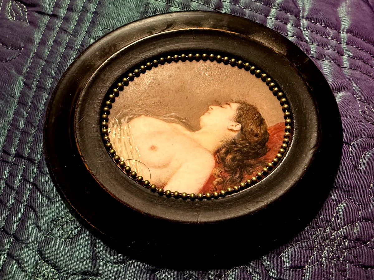 Fine 19th Century Miniature On Ivory In An Oval Frame: "woman's Bust Uncovered In Her Sleep"-photo-8