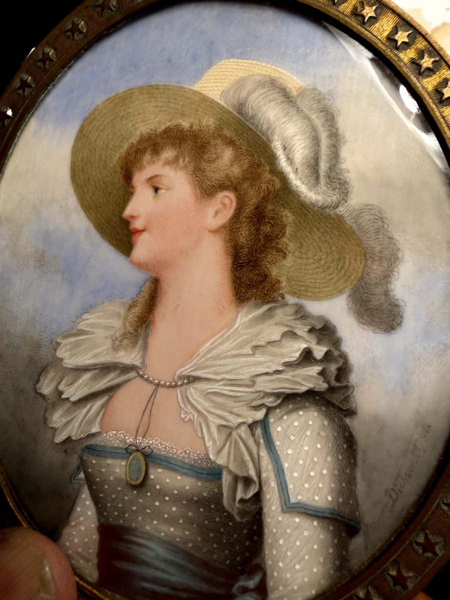 Generous Oval Miniature On Ivory Of A Court Lady In A Large Feathered Hat, Framed, 18th Century-photo-4